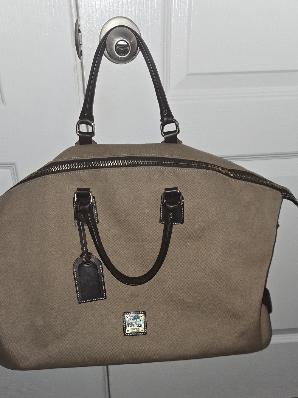 Dooney & Bourke Taupe Canvas Travel Bag with Dark Brown Trim